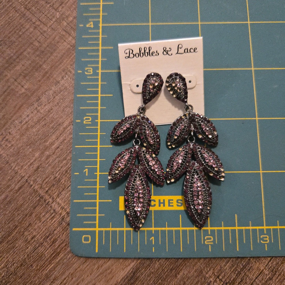 Bobbles & Lace Earrings New Purple Pink Gunmetal Statement Rhinestone Leaf Dangl